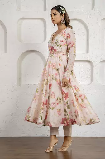 Peach floral printed & embroidered anarkali set