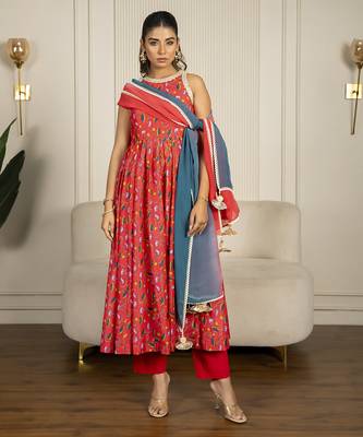 Multi-colored chanderi floral printed anarkali set 1
