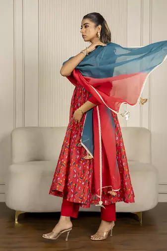Multi-colored chanderi floral printed anarkali set