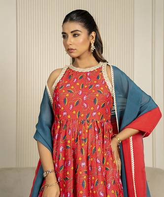 Multi-colored chanderi floral printed anarkali set 3