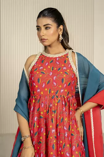 Multi-colored chanderi floral printed anarkali set