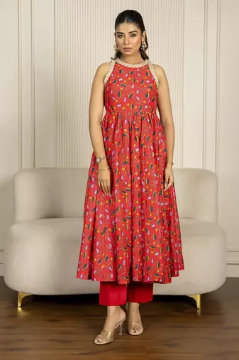 Multi-colored chanderi floral printed anarkali set
