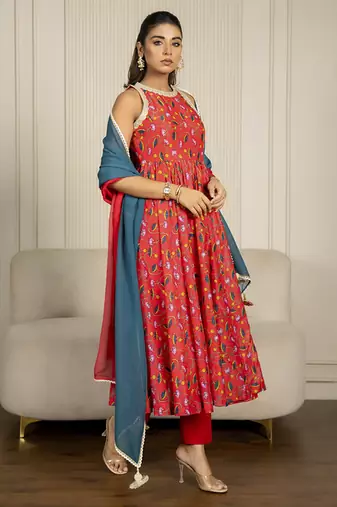 Multi-colored chanderi floral printed anarkali set