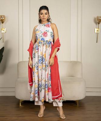 Multi-colored chanderi floral printed anarkali set 1