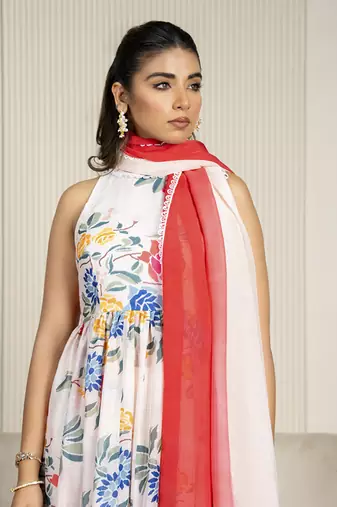 Multi-colored chanderi floral printed anarkali set
