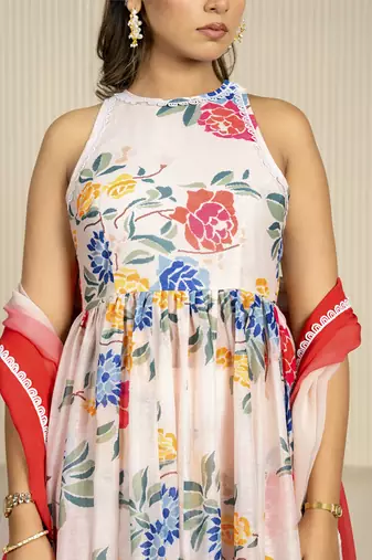 Multi-colored chanderi floral printed anarkali set