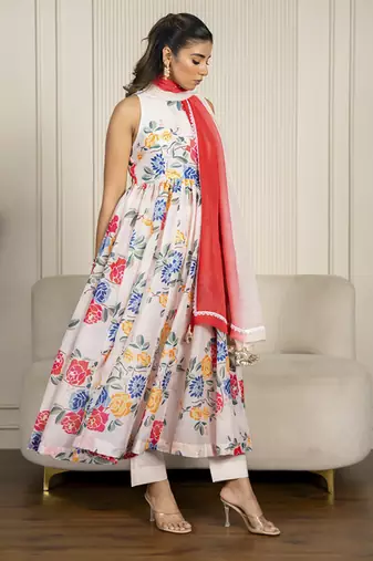 Multi-colored chanderi floral printed anarkali set