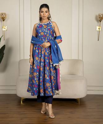 Blue chanderi floral printed anarkali set 1