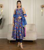 Blue chanderi floral printed anarkali set