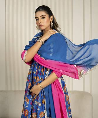 Blue chanderi floral printed anarkali set 2