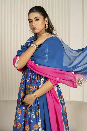 Blue chanderi floral printed anarkali set