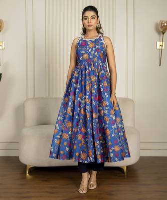 Blue chanderi floral printed anarkali set 3