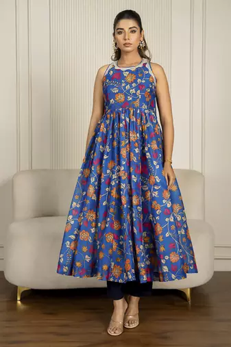 Blue chanderi floral printed anarkali set