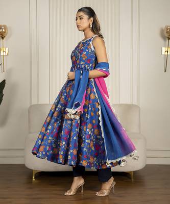 Blue chanderi floral printed anarkali set 4