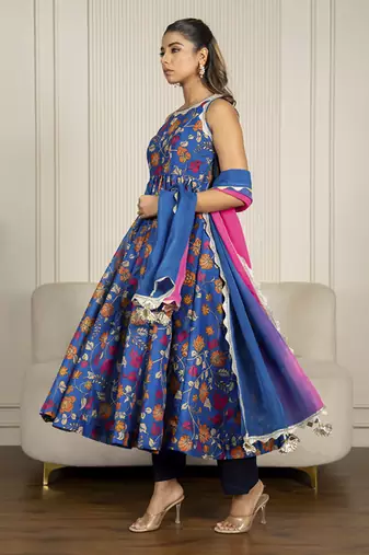Blue chanderi floral printed anarkali set