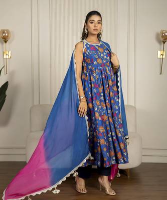 Blue chanderi floral printed anarkali set 5