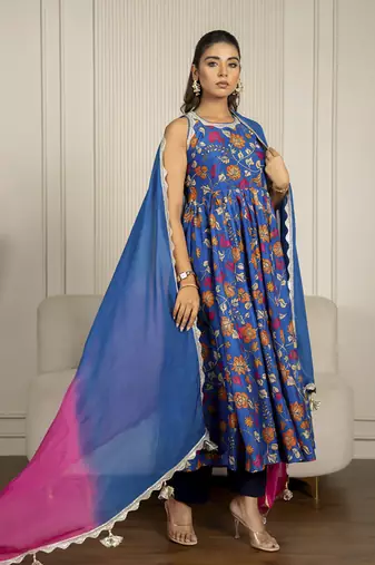 Blue chanderi floral printed anarkali set