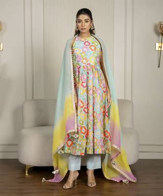 Multi-colored chanderi floral printed anarkali set 1