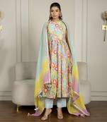 Multi-colored chanderi floral printed anarkali set