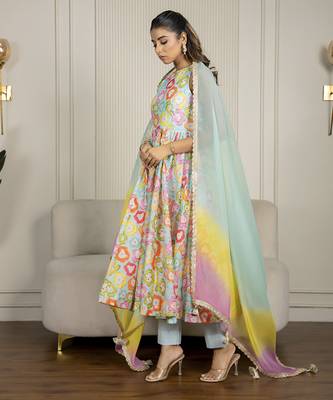 Multi-colored chanderi floral printed anarkali set 3