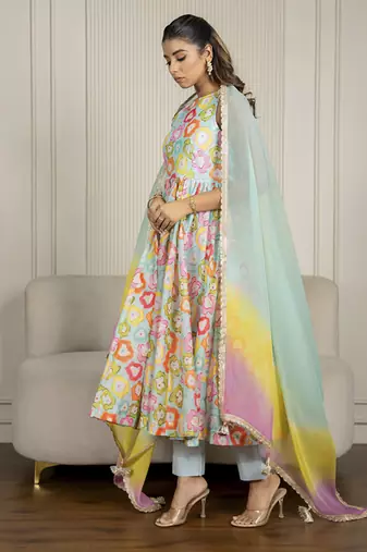 Multi-colored chanderi floral printed anarkali set