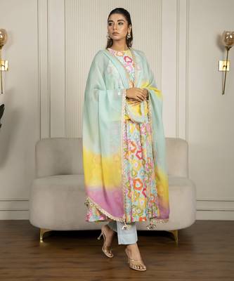 Multi-colored chanderi floral printed anarkali set 4