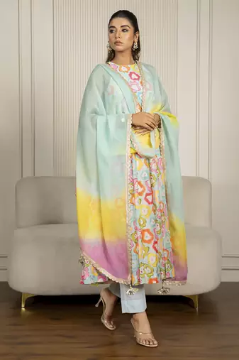 Multi-colored chanderi floral printed anarkali set