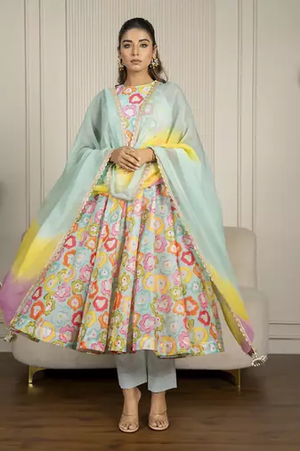 Multi-colored chanderi floral printed anarkali set