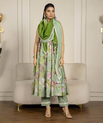Pista green chanderi floral printed anarkali set 1