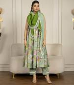 Pista green chanderi floral printed anarkali set
