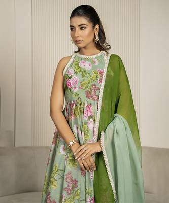 Pista green chanderi floral printed anarkali set 2