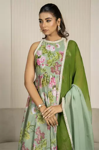 Pista green chanderi floral printed anarkali set