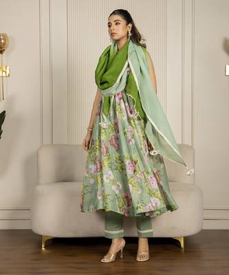Pista green chanderi floral printed anarkali set 3