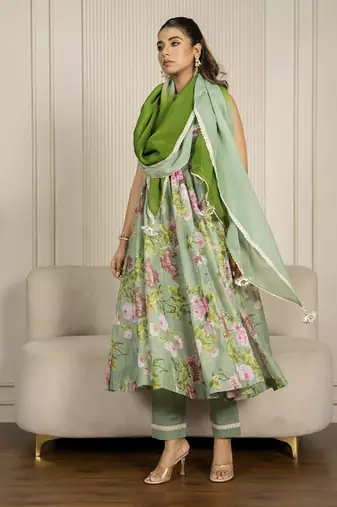 Pista green chanderi floral printed anarkali set