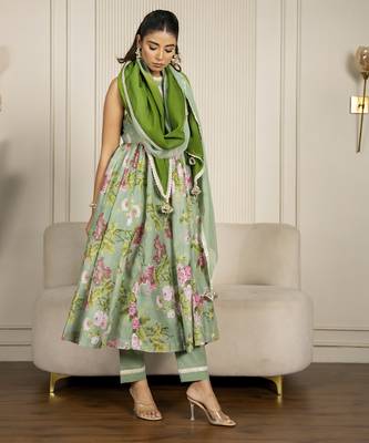 Pista green chanderi floral printed anarkali set 4