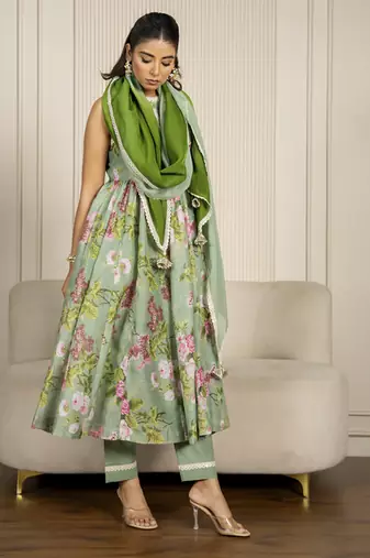 Pista green chanderi floral printed anarkali set