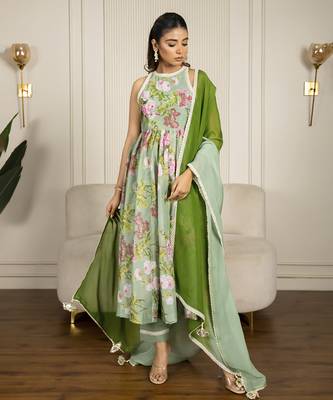 Pista green chanderi floral printed anarkali set 5