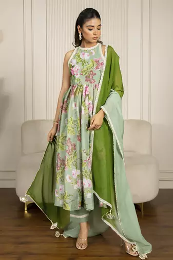 Pista green chanderi floral printed anarkali set