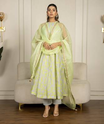 Neon green & grey chanderi floral printed anarkali set 1