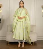 Neon green & grey chanderi floral printed anarkali set