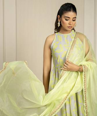 Neon green & grey chanderi floral printed anarkali set 3