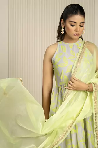 Neon green & grey chanderi floral printed anarkali set