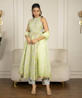 Neon green & grey chanderi floral printed anarkali set 4