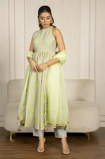 Neon green & grey chanderi floral printed anarkali set
