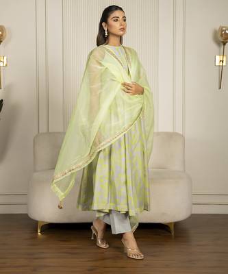 Neon green & grey chanderi floral printed anarkali set 5