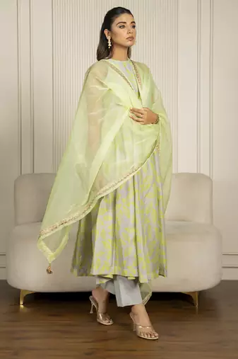 Neon green & grey chanderi floral printed anarkali set