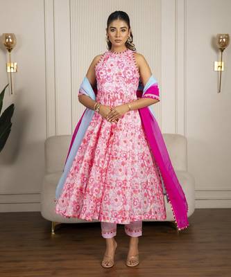 Neon pink chanderi floral printed anarkali set 1