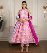 Neon pink chanderi floral printed anarkali set