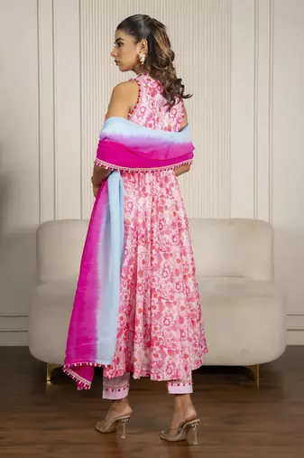 Neon pink chanderi floral printed anarkali set