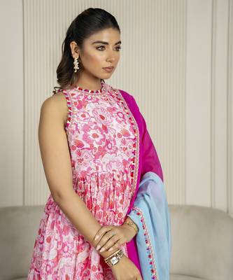 Neon pink chanderi floral printed anarkali set 3